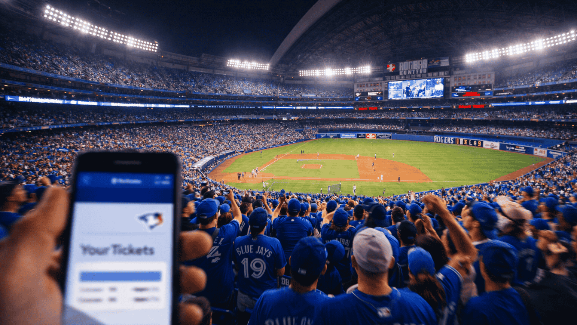 Crowd at Rogers Centre during a Blue Jays game, fans in blue jerseys filling the stands, with a blurred smartphone showing a ticket confirmation in the foreground and the illuminated field in the background.