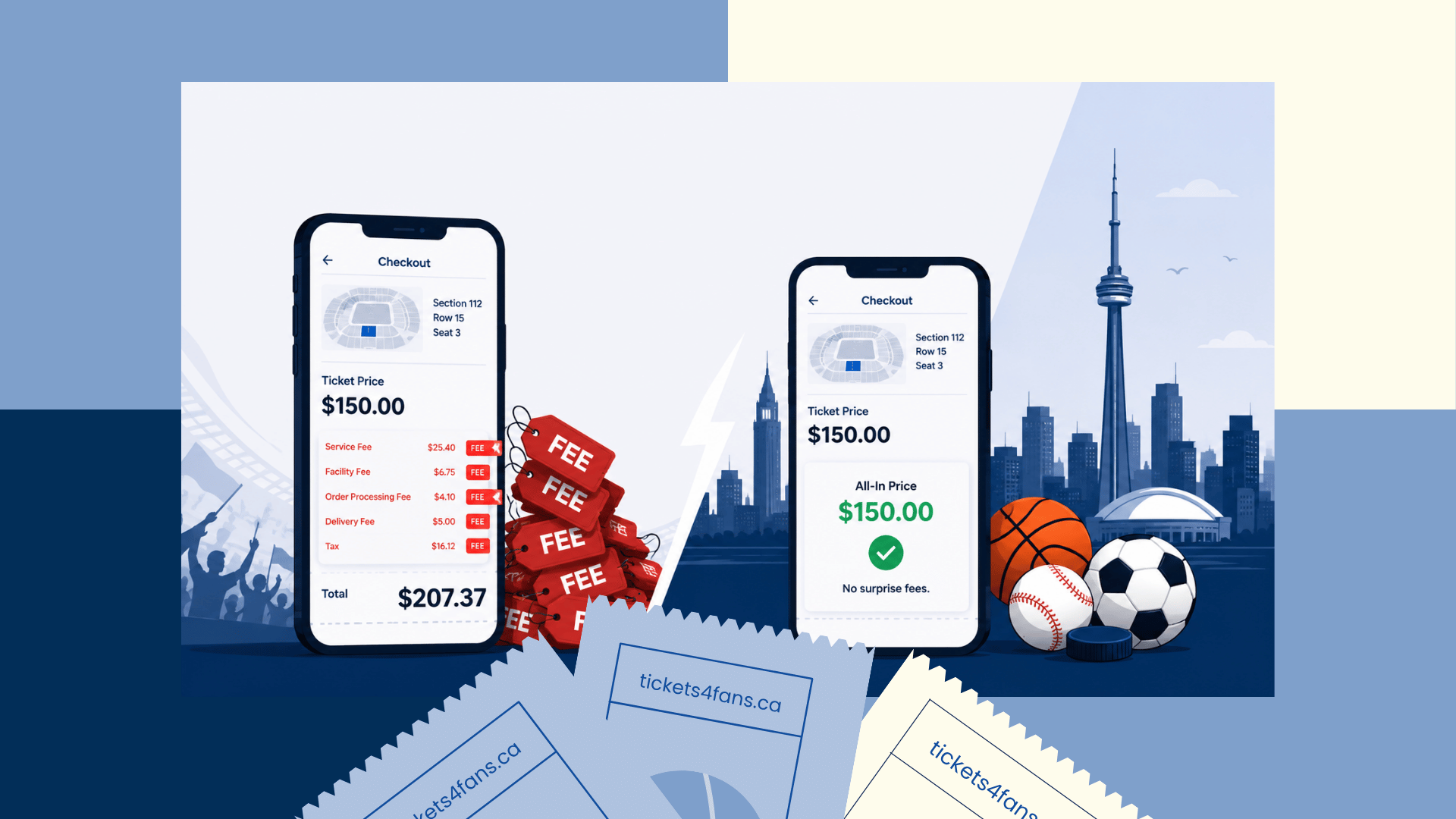 Illustration comparing a fee-loaded ticket checkout versus a fee-free ticket price for Toronto sports