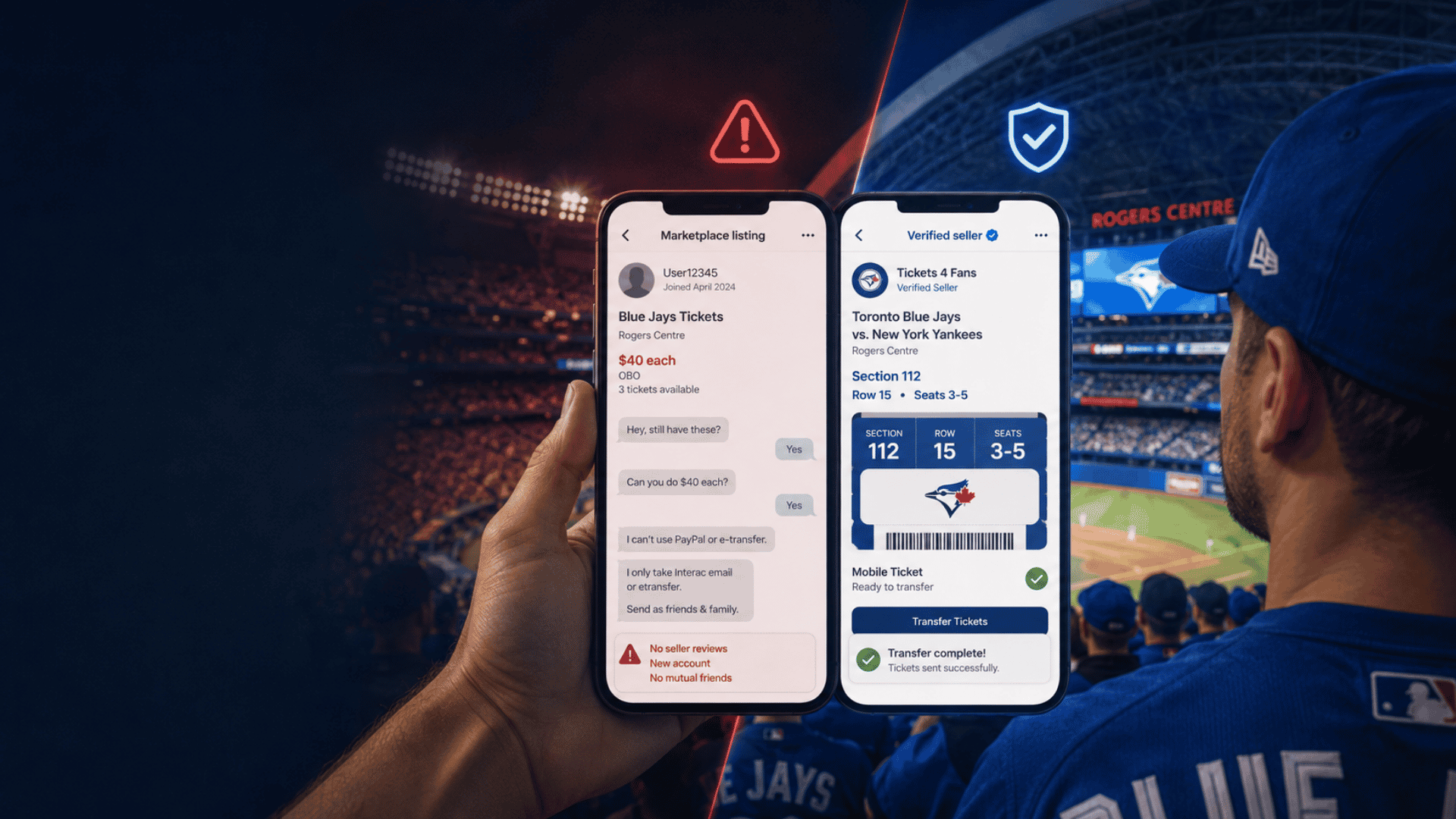 Toronto Blue Jays fan comparing a suspicious social-media ticket listing with a verified digital ticket transfer on smartphones at Rogers Centre, highlighting warning signs and safer ticket buying.