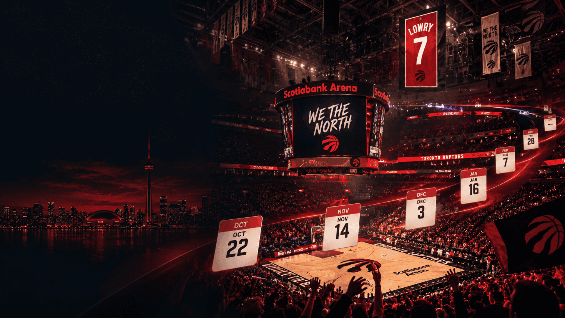 Toronto Raptors 2026–27 NBA season schedule at Scotiabank Arena, featuring key game date graphics, a packed Toronto crowd and Kyle Lowry’s No. 7 jersey in the rafters.