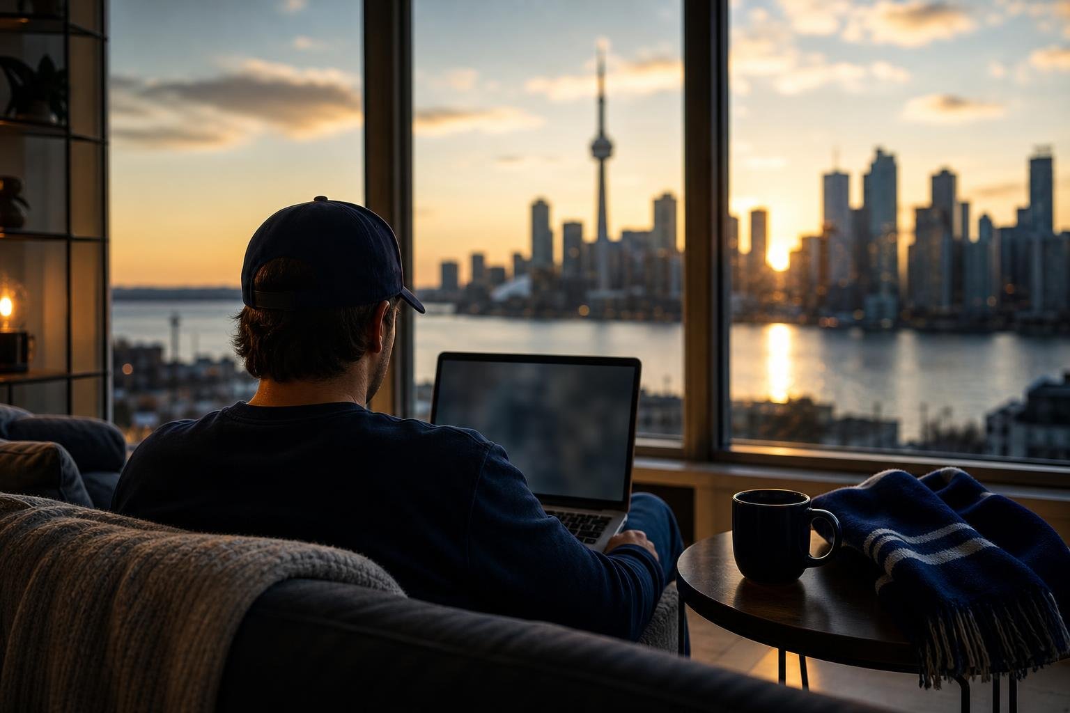 A fan at home browsing for tickets on a laptop, with the Toronto skyline through the window