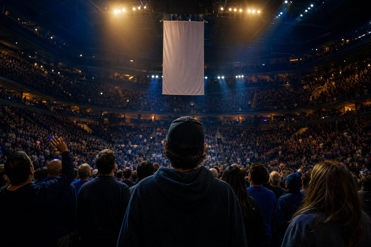 Raptors fans in a packed Scotiabank Arena looking up at the rafters during a jersey retirement ceremony