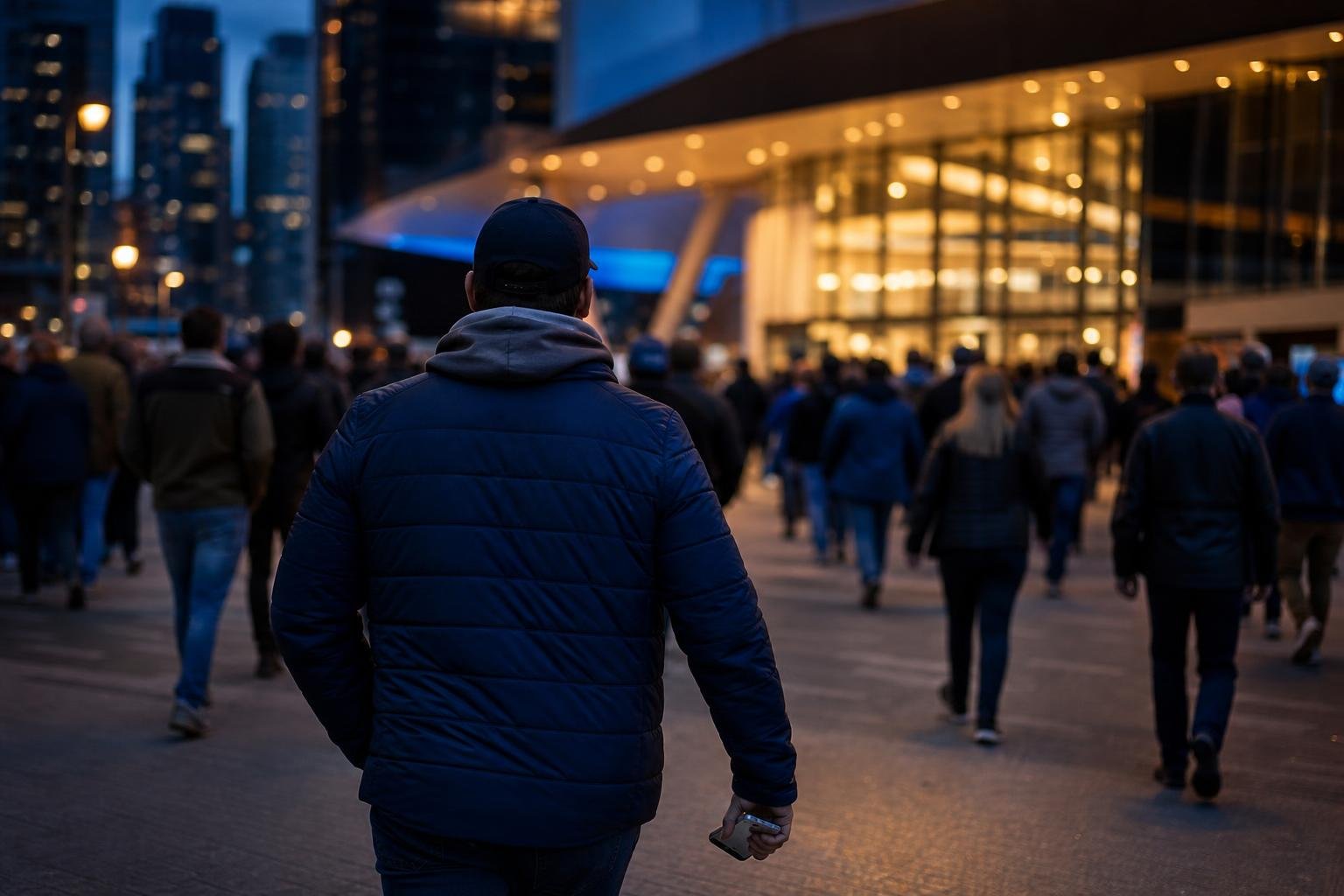 A fan seen from behind holding a phone, walking toward a busy arena entrance at dusk