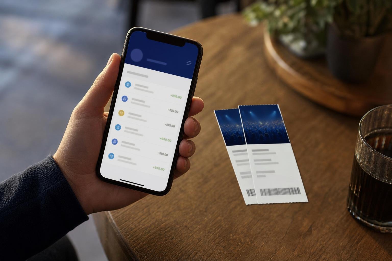 Credit card statement on a phone screen next to two event tickets